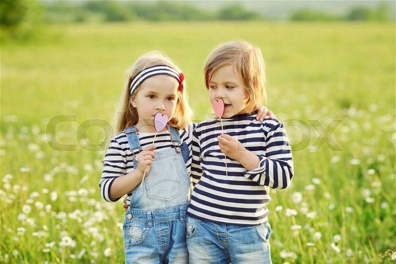 Two little friends girls in the field with daisies, stock photo