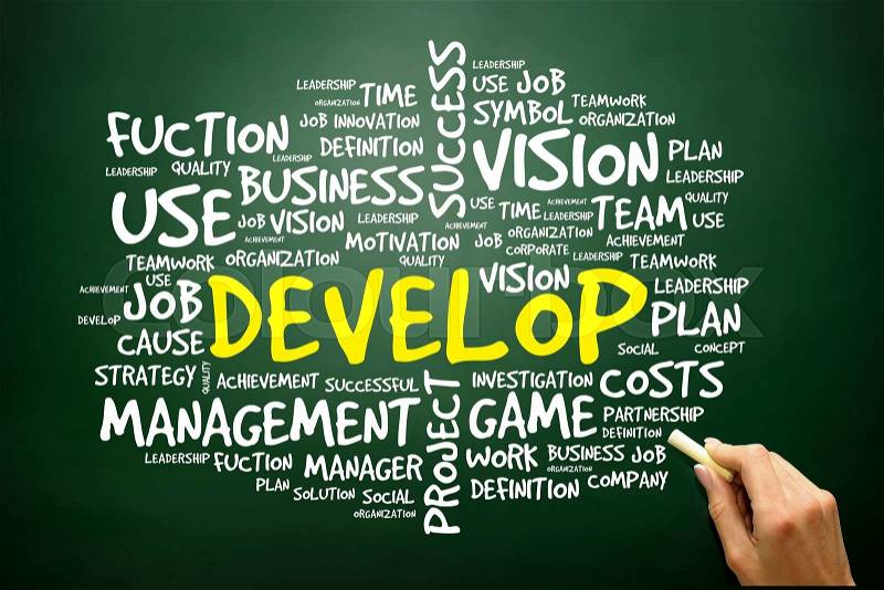 Hand drawn Word cloud of DEVELOP related items, business concept on blackboard , stock photo
