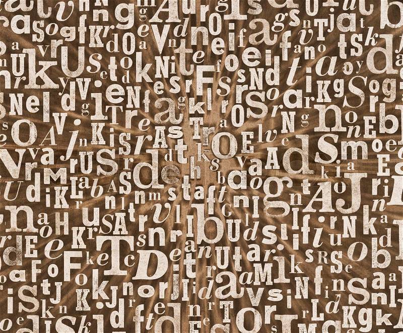 Grunge and gritty background texture made of old printed letters, stock photo