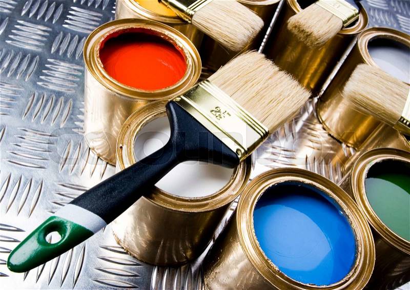 Paint, cans, brush, bright colorful tone concept, stock photo