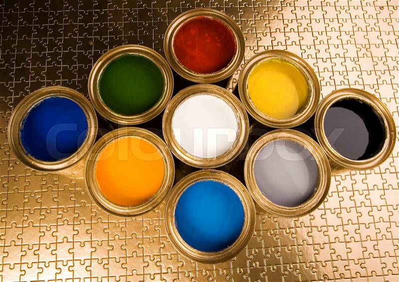 Paint, cans, brush, bright colorful tone concept, stock photo