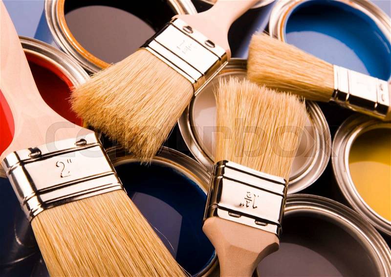 Brush and paint samples, bright colorful tone concept, stock photo