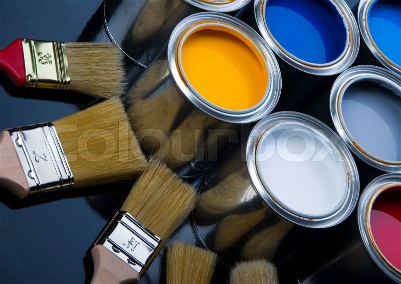 Colorful cans and paints, bright colorful tone concept, stock photo