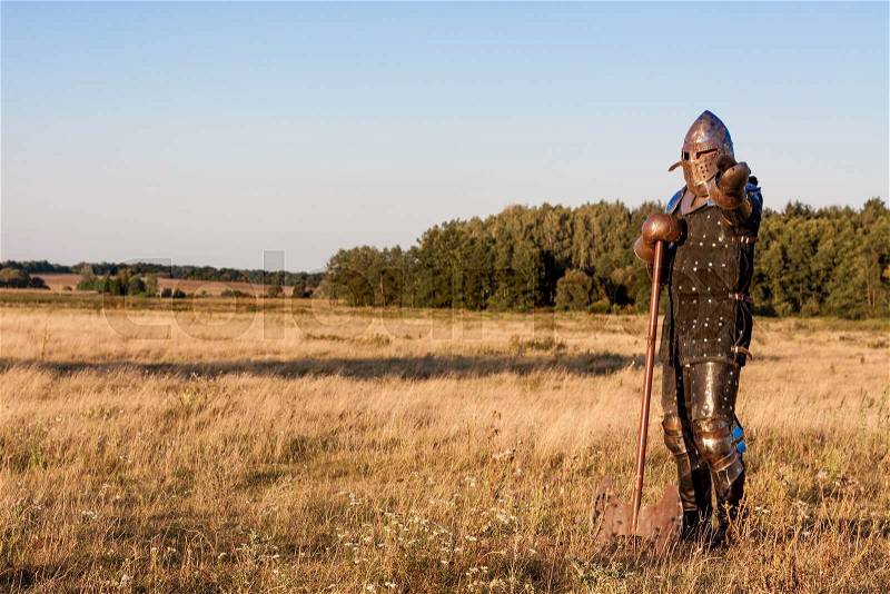 Medieval knight in the field with an axe, stock photo