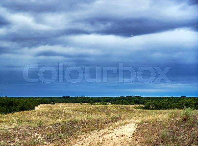 Prairie steppe landscape and storm sky cloudscape, stock photo