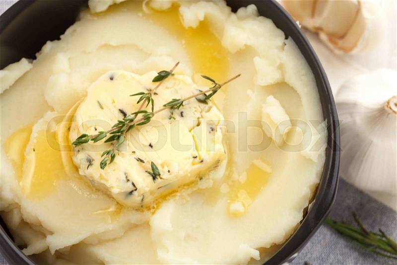 Mashed potato compound butter herb baguette thyme rosemary coriander oregano fresh chopped homemade food snack tasty, stock photo