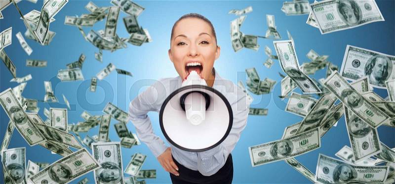 Business, money, people and financial news concept - screaming businesswoman with megaphone and money rain over blue background, stock photo