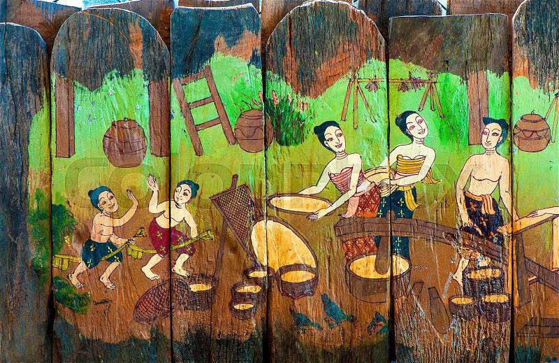 Traditional Thai style art stories of religion on wood boards, stock photo