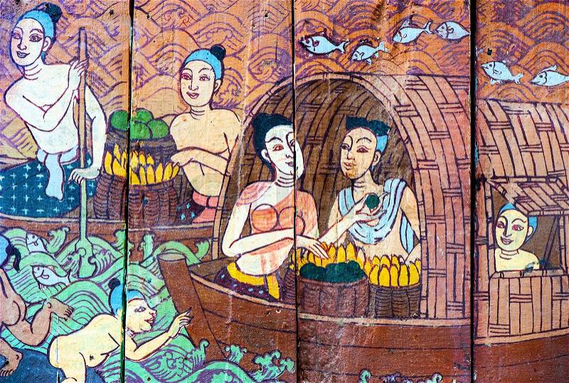 Traditional Thai style art stories and religion on wood boards, stock photo