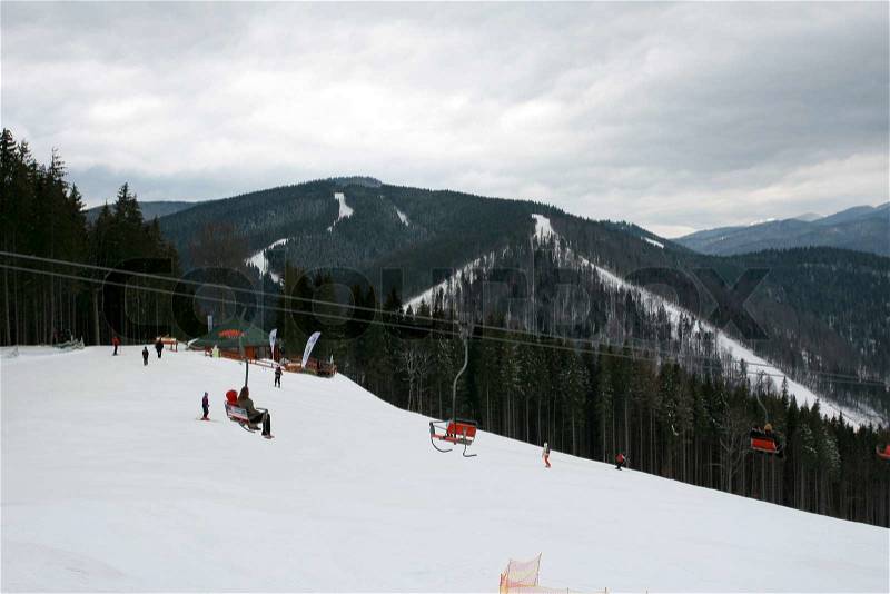 Rest and skiing in mountains Carpathians in Ukraine, stock photo