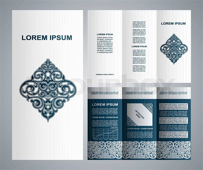 14924007 vintage style brochure and flyer design template with logo modern art elements and creative ornament page layouts classic blue and white colors and artistic solutions for design and decoration