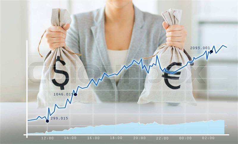 Business, finance, saving, banking and people concept - close up of woman hands holding dollar and euro money bags with growing chart, stock photo