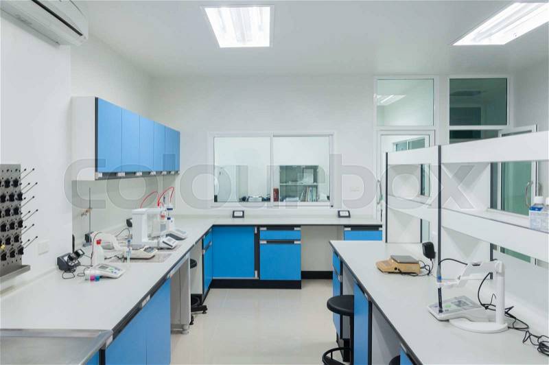 Science modern lab interior architecture with lab equipment, stock photo
