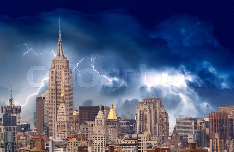 Storm above New York City Skyscrapers, U.S.A, stock photo