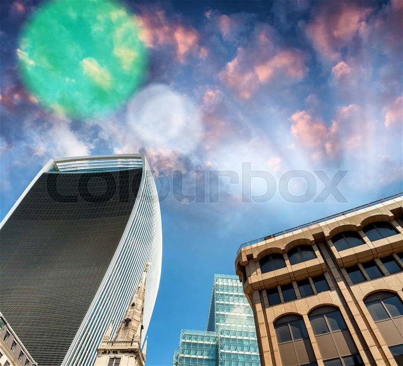 Buildings of London from street level, stock photo