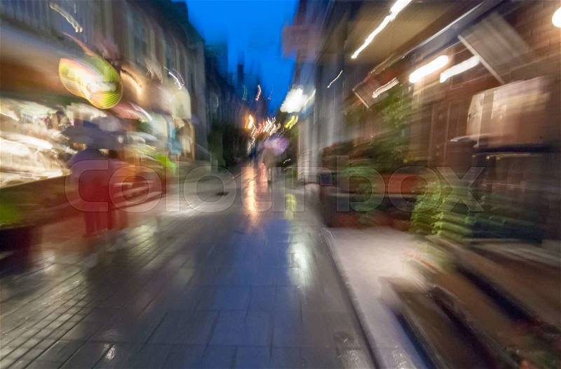 Blurred night street scene in Quebec City, Canada, stock photo