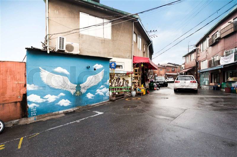 Seoul, South Korea - March 03, 2015 : Street arts in Ihwa Mural Village , stock photo