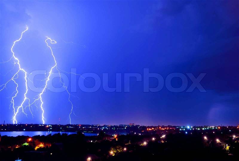 Thunderstorm and perfect Lightning over city, stock photo