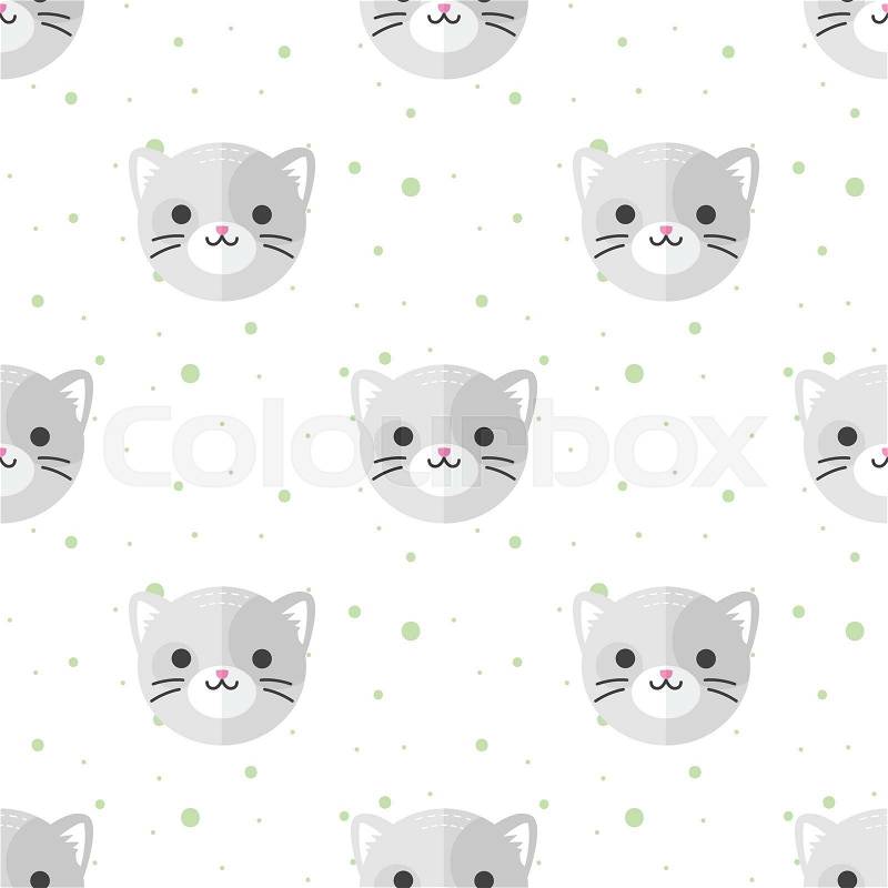 Vector funny flat cartoon cat heads seamless pattern. Cat background,  vector - Stock Image - Everypixel