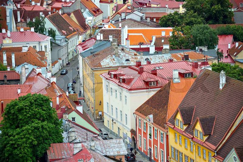 Aerial street view in old Tallinn, stock photo