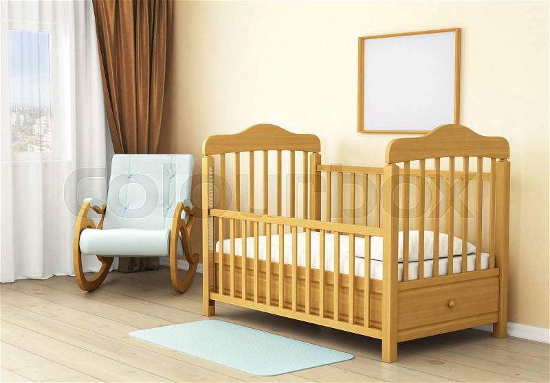 Interior of children room with wooden bed of kid. Concept of comfort, stock photo