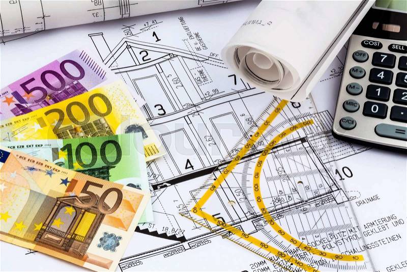 A blueprint of an architect with a calculator and euro money. symbolic photo for funding and planning of a new home, stock photo