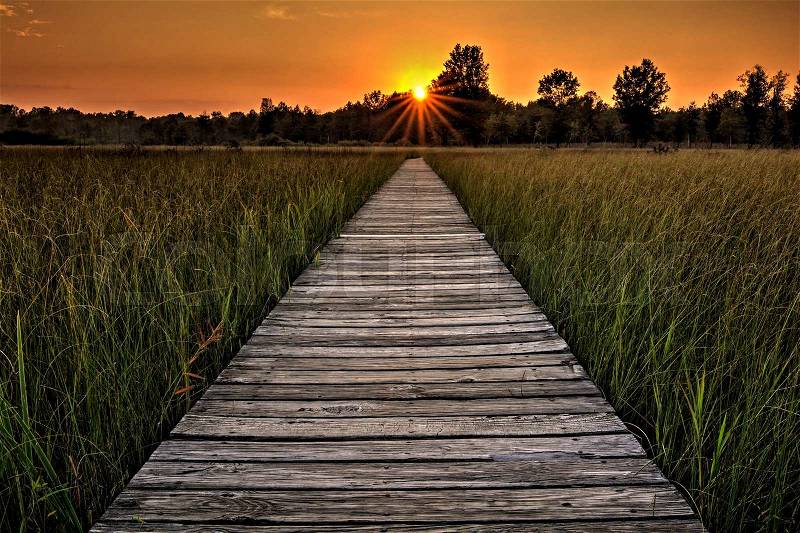 A beautiful sunset scene along a wood boardwalk with the boardwalk leading right into the setting sun. Find this boardwalk at Irwin Prairie State Nature Preserve in Northwest Ohio, stock photo