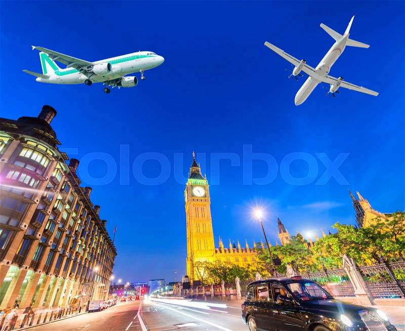 Airplane landing in London, UK. Tourism concept, stock photo