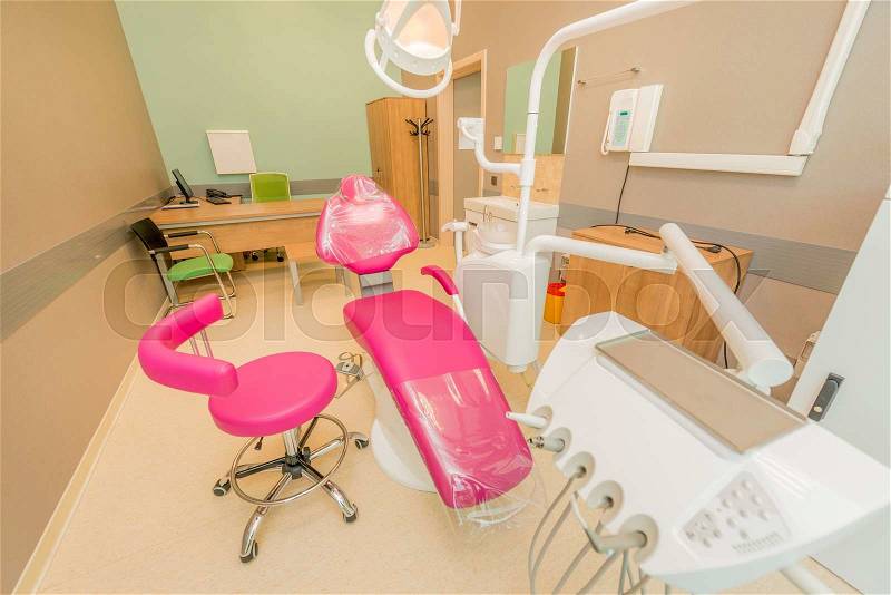 Dentist modern room with equipment and tools, stock photo