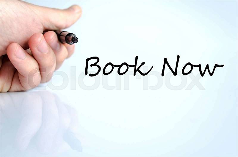 Book now text concept isolated over white background, stock photo