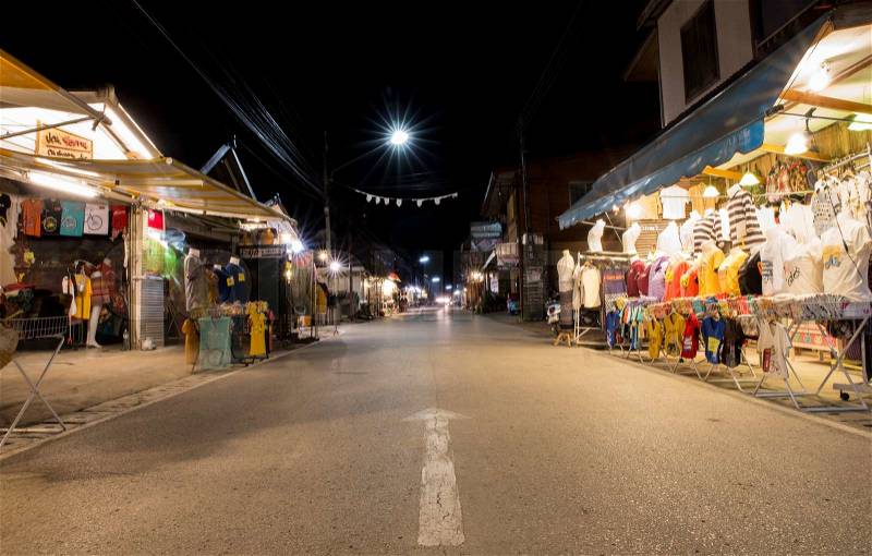 Walking street in Chiang Khan in Chiang Khan, Thailand. nighttime, stock photo