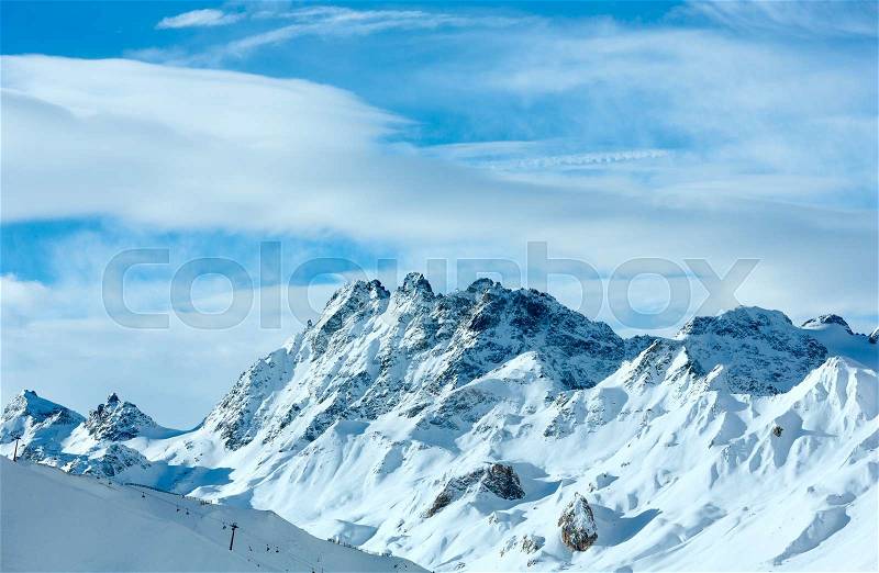 Morning winter Silvretta Alps landscape. Ski resort l, Tyrol, Austria, stock photo