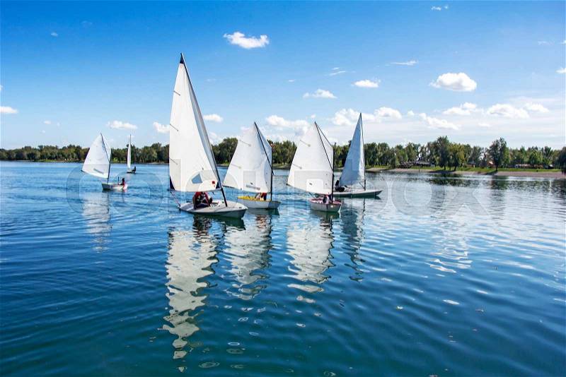 Lots of Small white boats sailing on the lake , stock photo