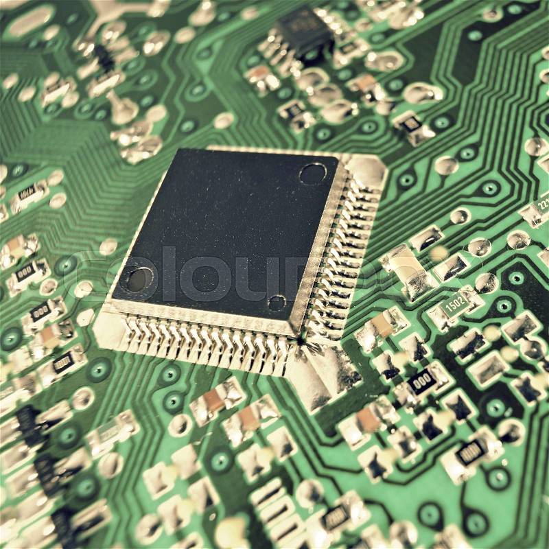 Closeup of a chip in an integrated circuit, stock photo