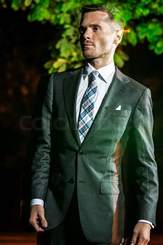 Handsome bearded man in classical elegant suit poses on street at night.Fashion look, stock photo