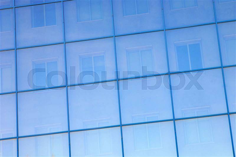 Blue bay window in a modern building, stock photo