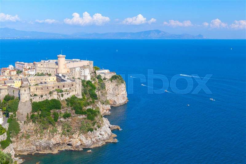Aragonese-Angevine Castle stands on rocky cliff in old town of Gaeta, Italy, stock photo