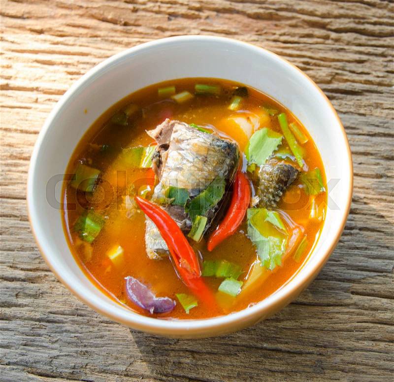 Spicy lemon grass soup Mackerel ,thai name Tom Yam, canned fish,thai food, stock photo