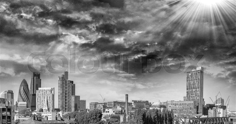 Black and white aerial view of London City - Skyline and buildings, stock photo