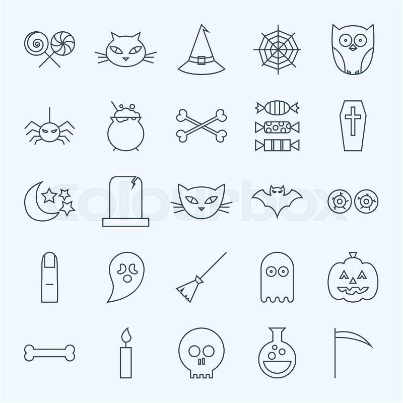 Line Holiday Halloween Icons Set. Vector Set of 25 October Holiday Modern Line Icons for Web and Mobile. Sweets and Treats Scary Icons Collection, vector