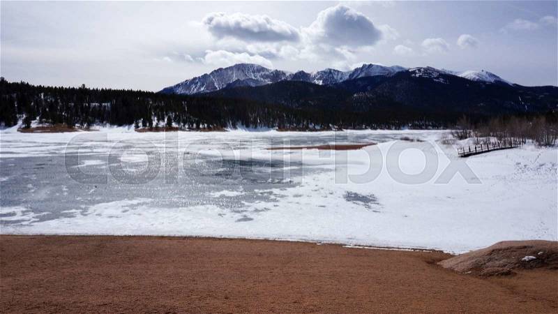 Snow lake under the mountain in the winter, stock photo
