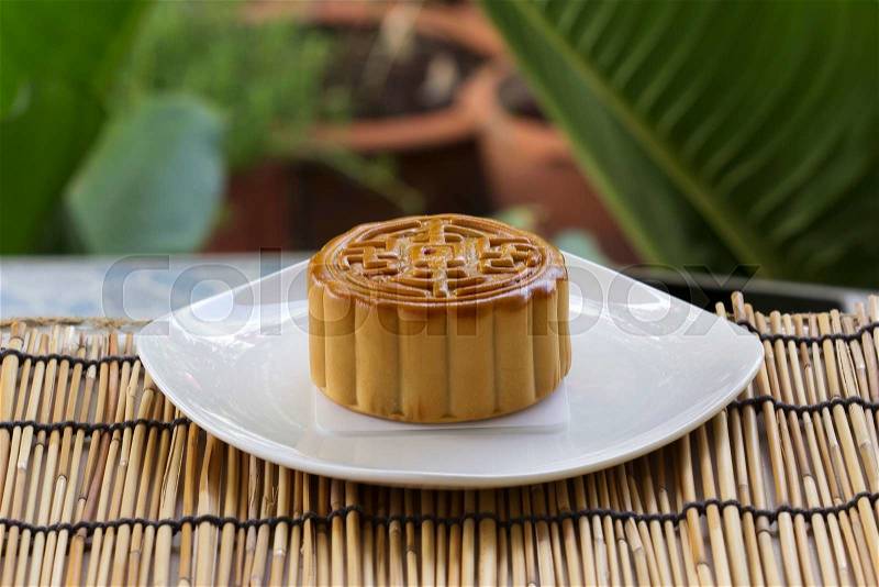 Moon cake with golden lotus seed and macadamia nut filling / Autumn festival foods, stock photo