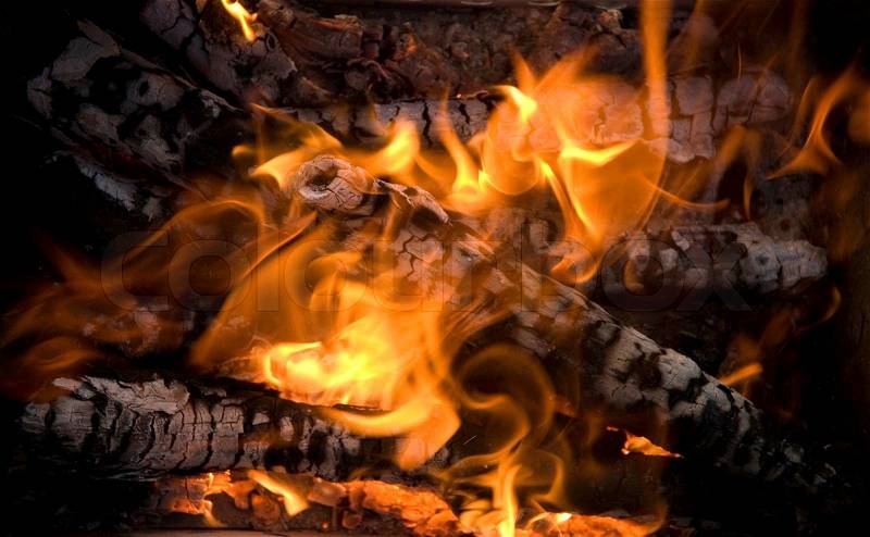 Close up view of burning firewood, stock photo