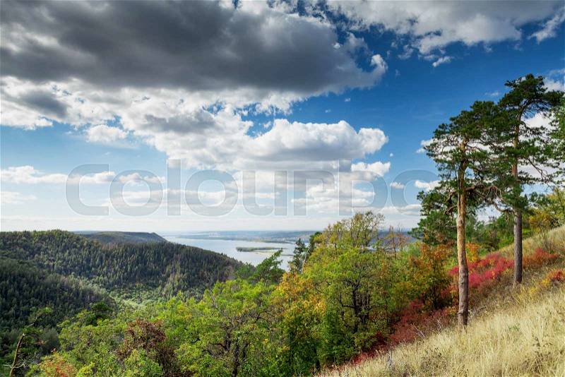 Russian national park countryside landscape with mountains and river, stock photo