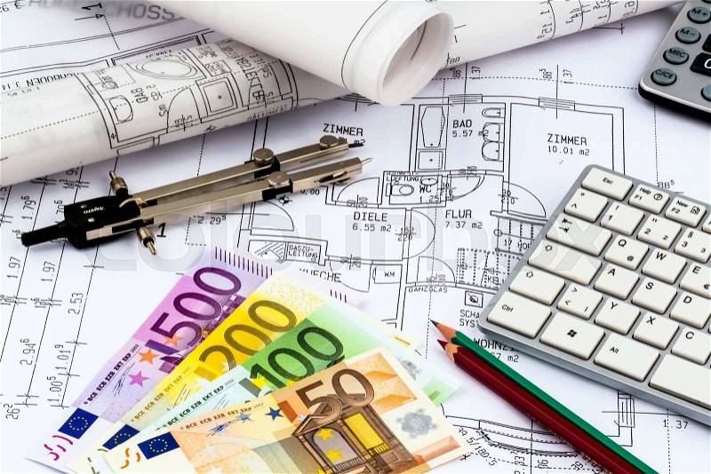 A blueprint of an architect with euro money. symbolic photo for financing and planning of a new house, stock photo