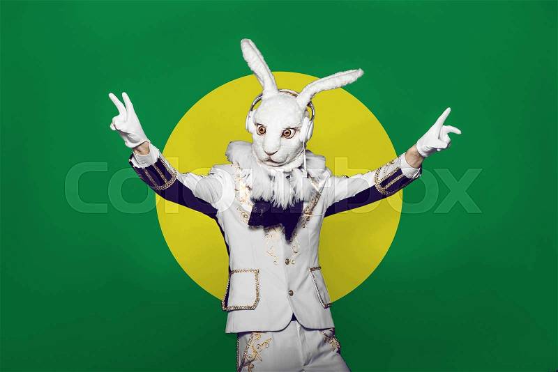 Actor posing in white rabbit suit with earphones on color yellow green background.Studio shot.Halloween time.Bunny man, stock photo