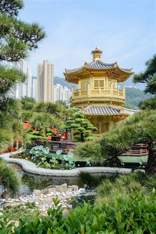 The oriental pavilion of absolute perfection in Nan Lian Garden, Chi Lin Nunnery, Hong Kong, stock photo