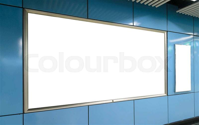 One big horizontal / landscape orientation, one small vertical / portrait orientation blank billboard on blue wall, stock photo