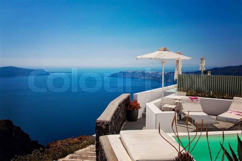 Image of a luxury balcony terrace with an ocean view. Santorini, Greece. , stock photo