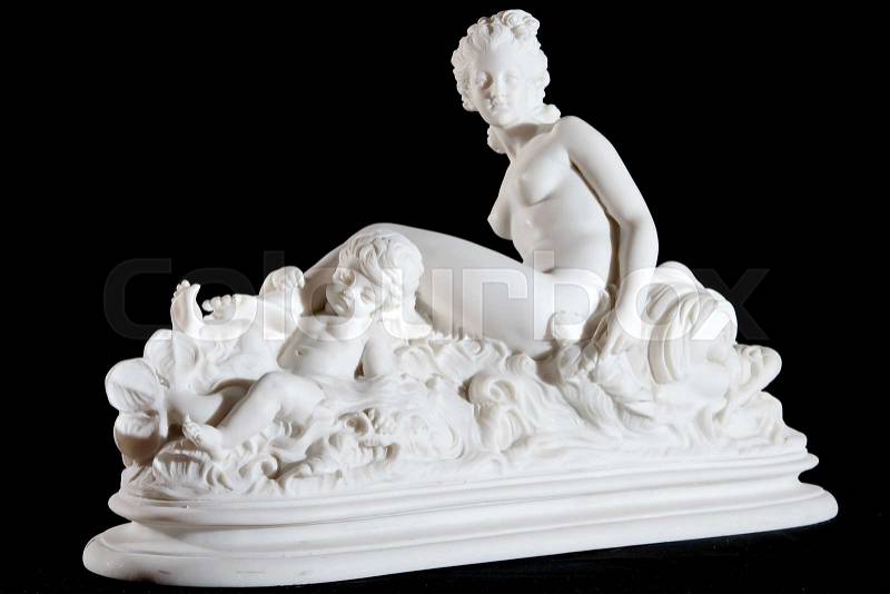 Classic white marble statue of a woman isolated on black background, stock photo